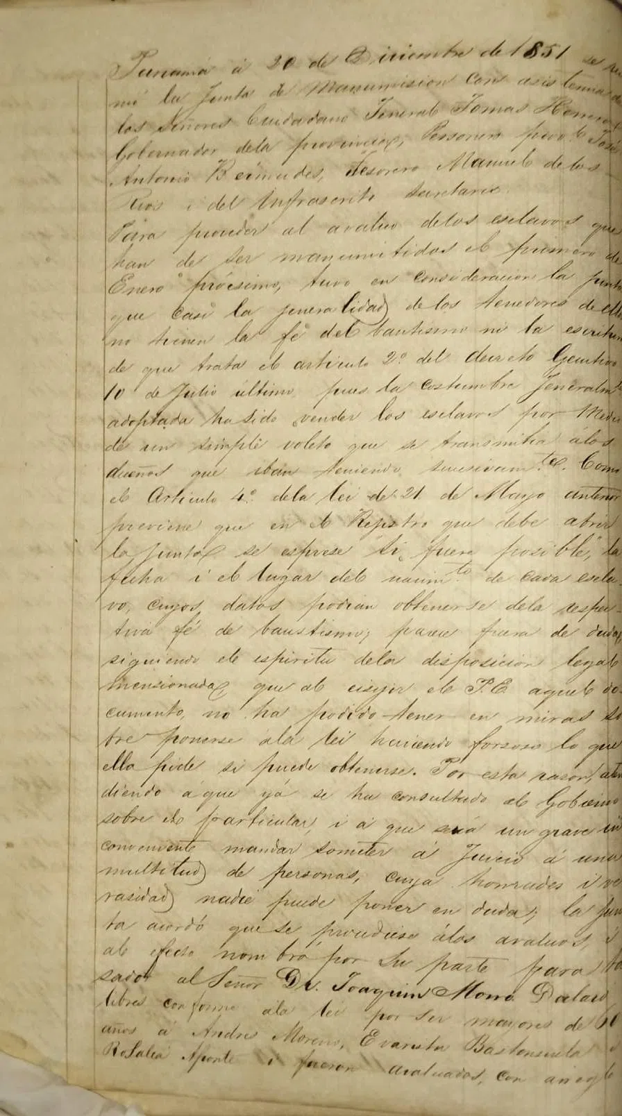 Facsímil de la Junta de Manumisión de Panamá, acta de diciembre de 1851